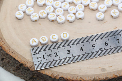 Mix Alphabet Letter Beads, Acrylic White with Bronze Lettering, Round Acrylic Beads, Name Initial Beads, Beads for Bracelets Size 7mm #1310