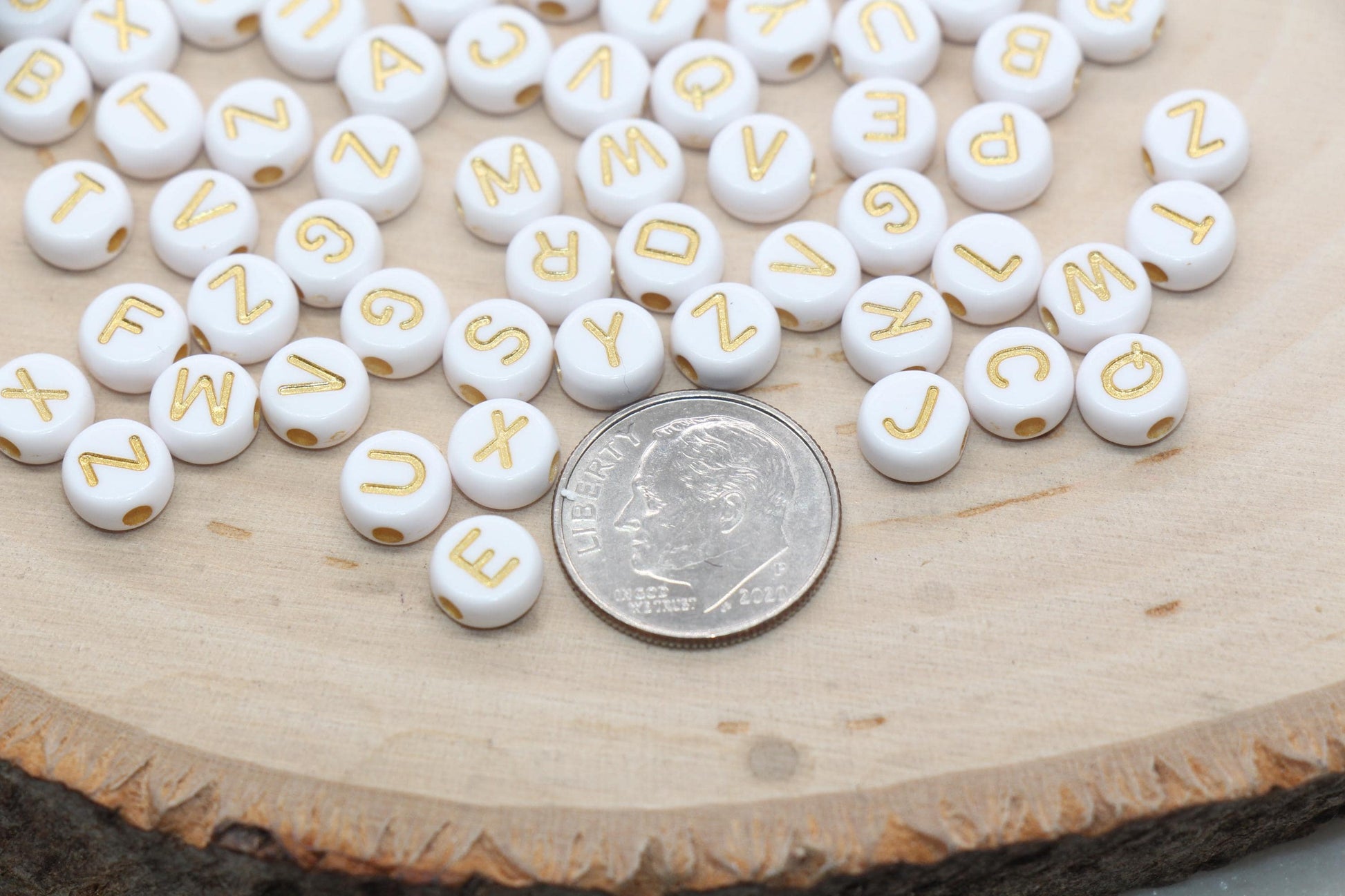 Mix Alphabet Letter Beads, Acrylic White with Bronze Lettering, Round Acrylic Beads, Name Initial Beads, Beads for Bracelets Size 7mm #1310