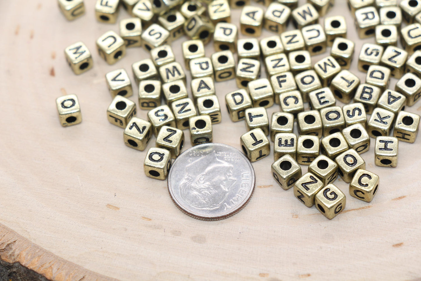 Mix Gold Alphabet Letter Beads, Gold Cube Beads with Black Lettering, Square Letter Beads, Acrylic Name Initial Beads, Size 4.8mm #3296