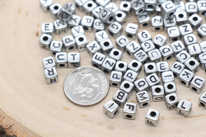 Mix Silver Alphabet Letter Beads, Silver Cube Beads with Black Lettering, Square Letter Beads, Acrylic Name Initial Beads, Size 4.8mm #3295