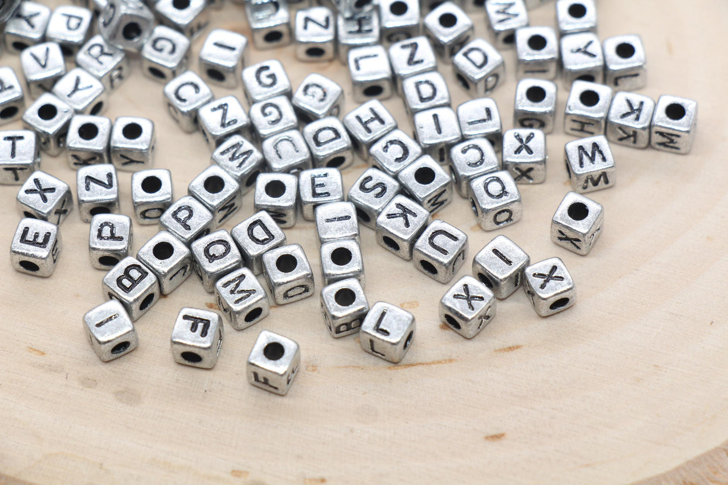 mix silver cube beads with black lettering, square shape small letter beads