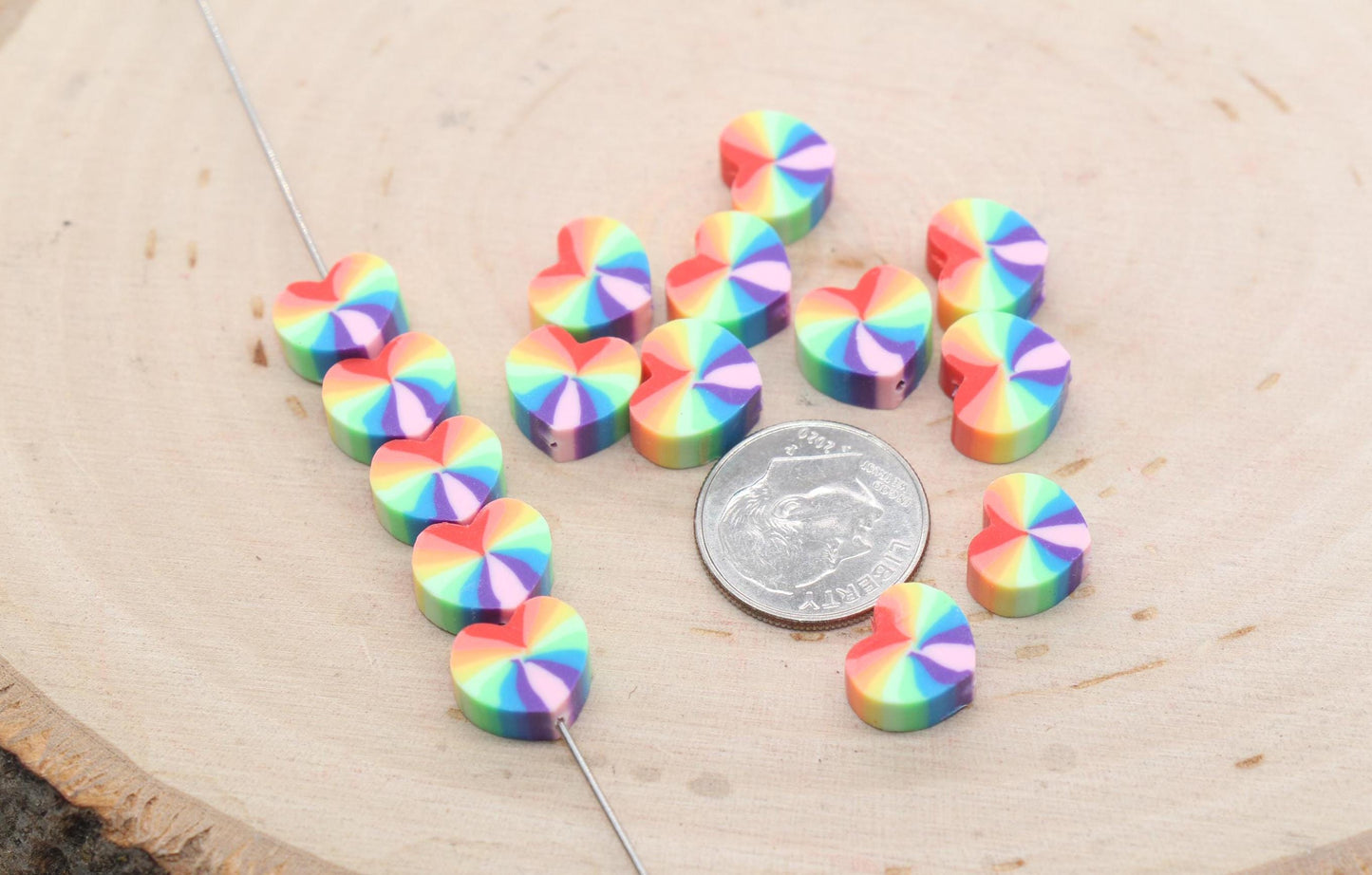 Rainbow Heart Polymer Clay Beads, Heart Shape Clay Beads, Jewelry Beads, Kid Craft Beads, Beading Supply #610