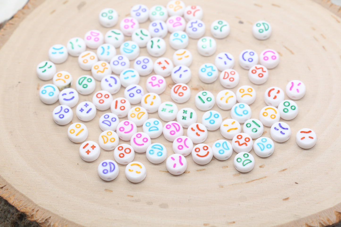 Facial Expression Round Beads, White Beads with Multicolor Emoji, Rainbow Emoji Beads, Happy Face, Sad Face, Round Beads Size 7mm #1594