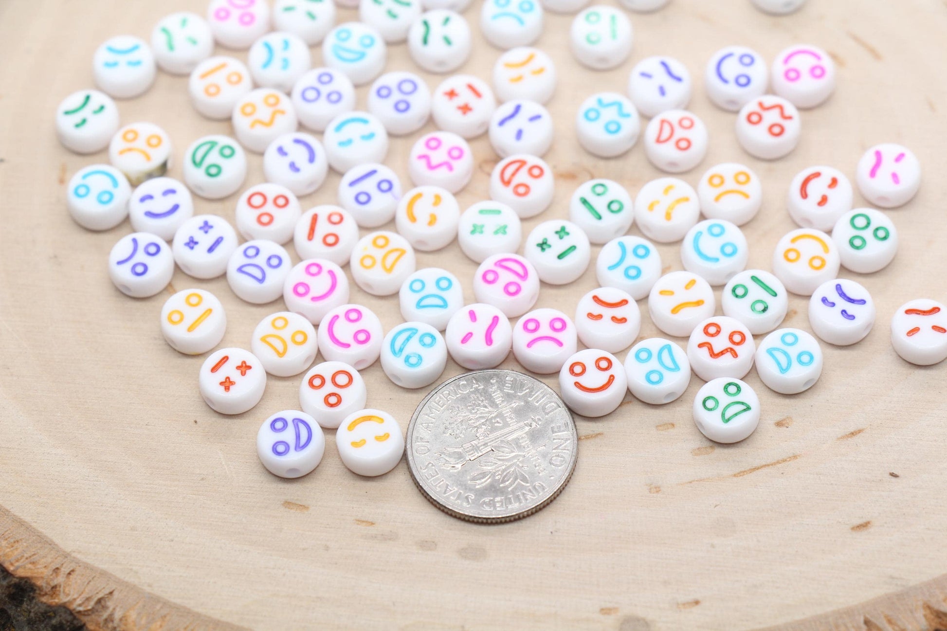 Facial Expression Round Beads, White Beads with Multicolor Emoji, Rainbow Emoji Beads, Happy Face, Sad Face, Round Beads Size 7mm #1594