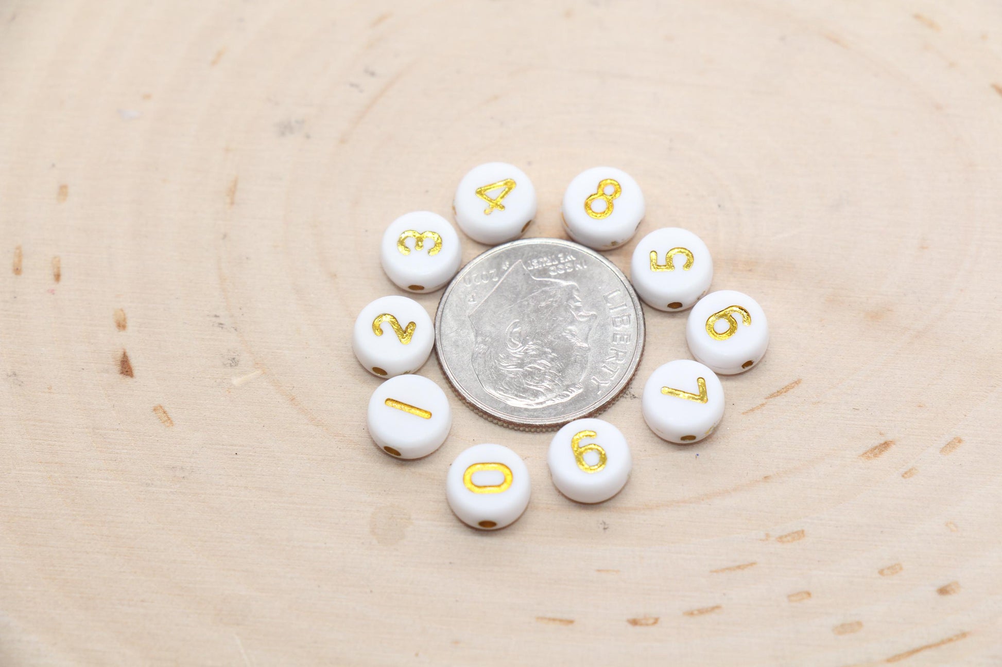 Sold in Individual Number Beads, Round Gold Number Beads, White Beads with Gold Numbers, Jewelry Making Beads, Size 7mm