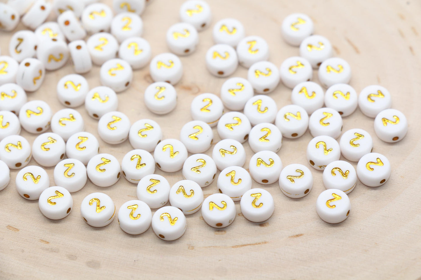 Sold in Individual Number Beads, Round Gold Number Beads, White Beads with Gold Numbers, Jewelry Making Beads, Size 7mm