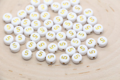 Sold in Individual Number Beads, Round Gold Number Beads, White Beads with Gold Numbers, Jewelry Making Beads, Size 7mm