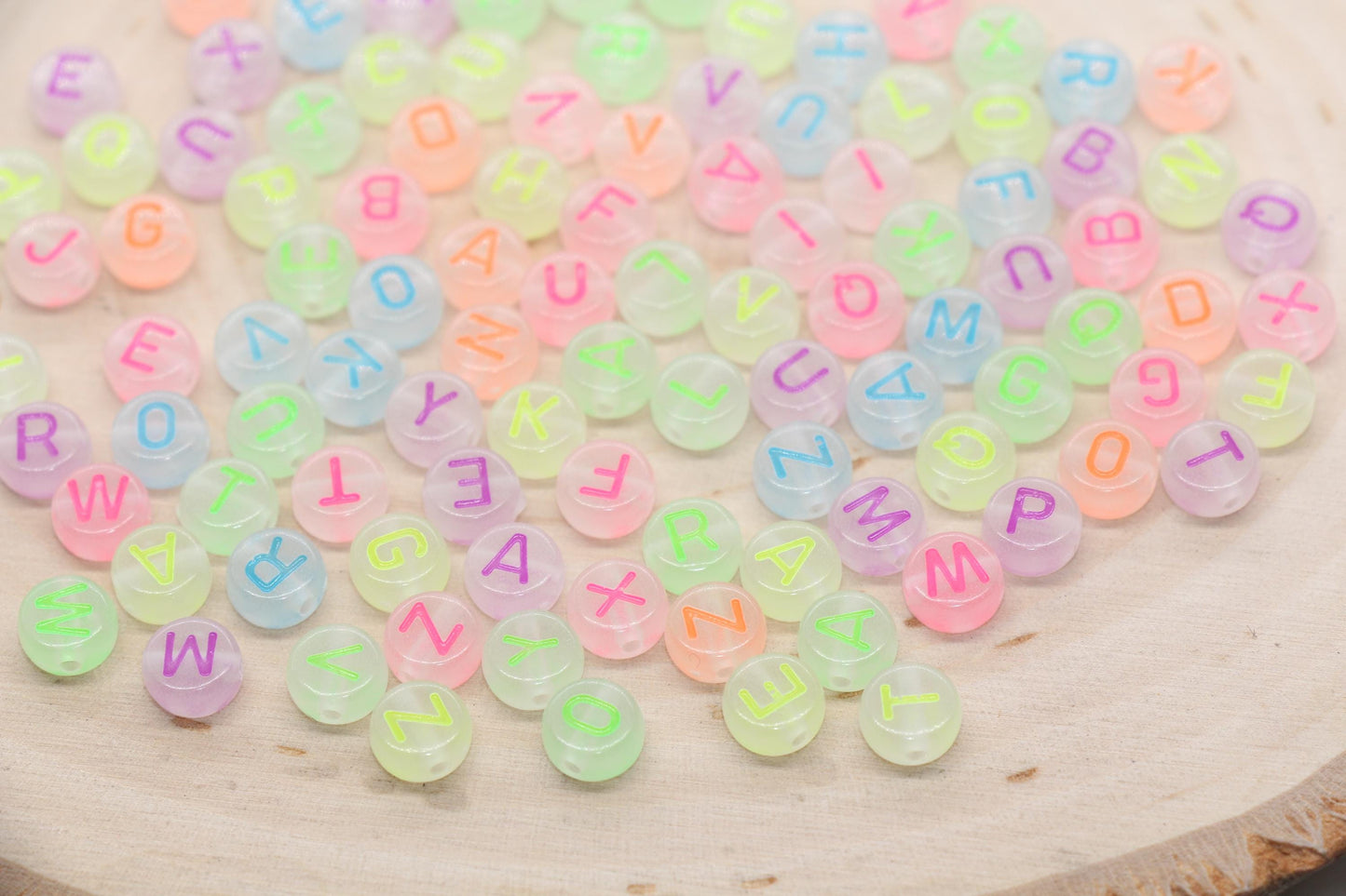 Glow in Dark Alphabet Letter Beads, Round Mix Letters Beads, Mix Color Letter Beads, Name Initial Beads, Glowing Letters, Size 7mm #3259