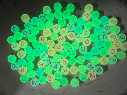 Glow in Dark Alphabet Letter Beads, Round Mix Letters Beads, Mix Color Letter Beads, Name Initial Beads, Glowing Letters, Size 7mm #3259