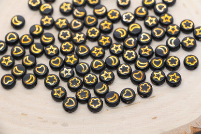 Heart, Star, Flower, Moon Beads, Acrylic Black Beads with Gold symbols, Plastic Heart Star Moon Flower, Bracelet Beads, Size 7mm #3263