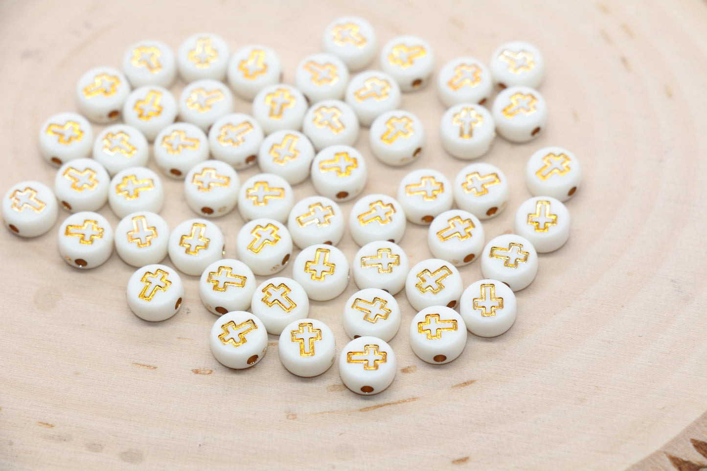 Gold Cross Beads, White Beads with Gold Cross, Acrylic Cross Beads, Religious Round Beads, Beads for Bracelets #198