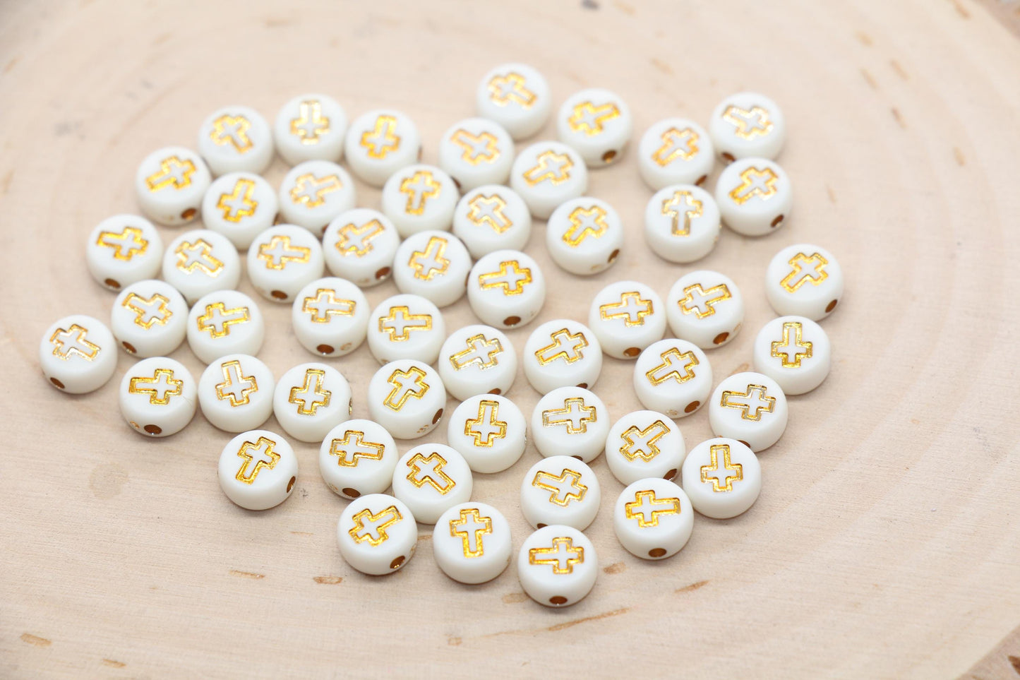 Gold Cross Beads, White Beads with Gold Cross, Acrylic Cross Beads, Religious Round Beads, Beads for Bracelets #198