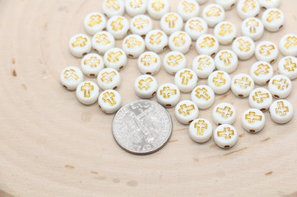 Gold Cross Beads, White Beads with Gold Cross, Acrylic Cross Beads, Religious Round Beads, Beads for Bracelets #198