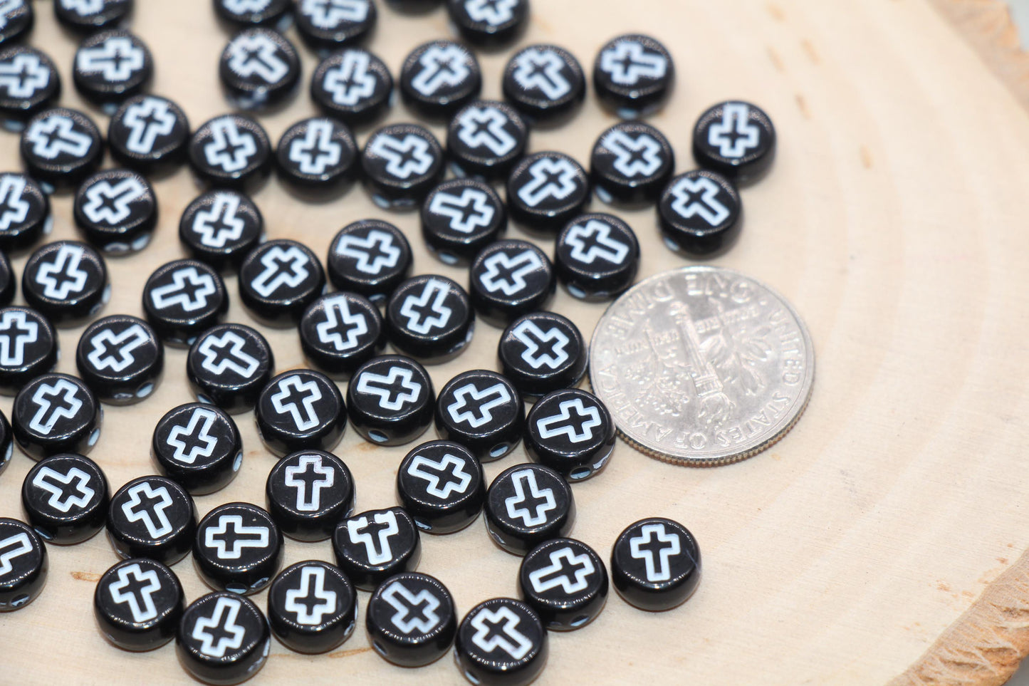 Round Cross Beads, Black Beads with White Cross, Acrylic Cross Beads, Religious Round Beads, Beads for Bracelets #3264