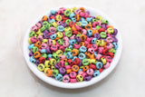 7 mm round acrylic mixed number beads, multicolor with black numbers; multicolor beads with black numbers