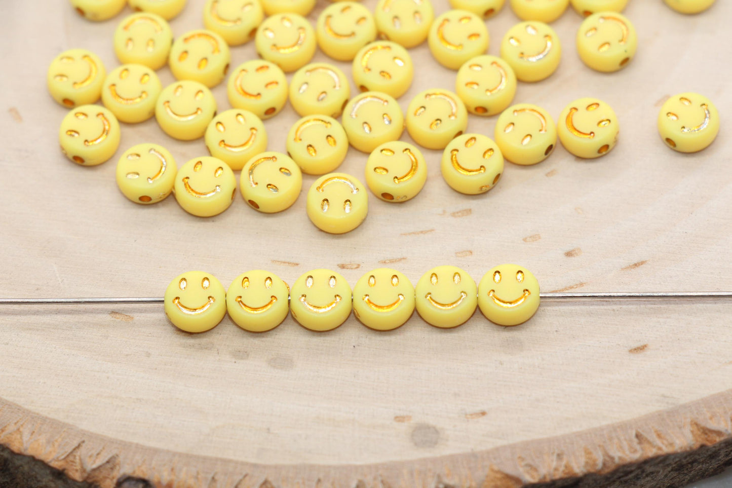 Smiley Face Round Beads, Yellow Beads with Gold Smiling Face Beads, Happy Face Beads, Emoji Round Beads, Plastic Round Beads Size 7mm #3275