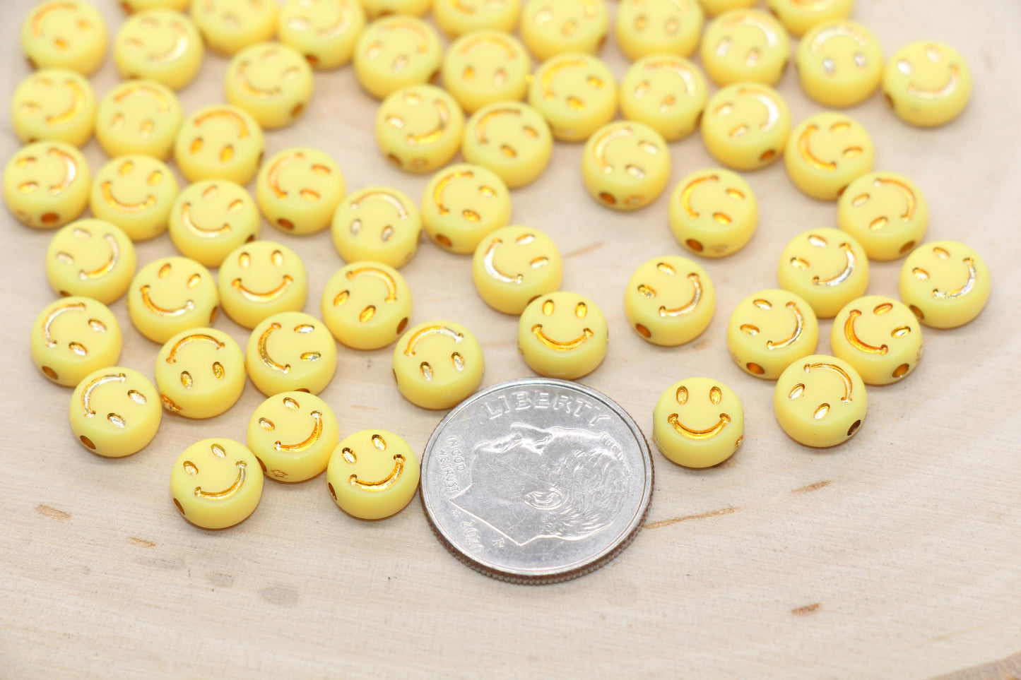 Smiley Face Round Beads, Yellow Beads with Gold Smiling Face Beads, Happy Face Beads, Emoji Round Beads, Plastic Round Beads Size 7mm #3275