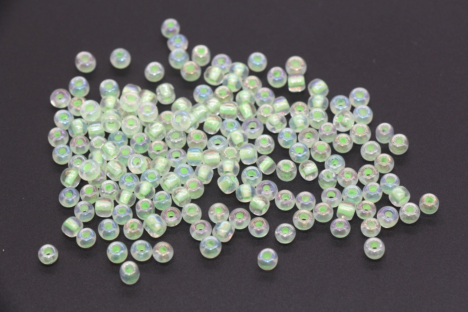 GLOW Glass Beads, 4mm 6/0 Glass Beads, Glow in Dark Iridescent Beads with Green Purple Lining Beads, Rocailles Beads, Beading Supplies #3333