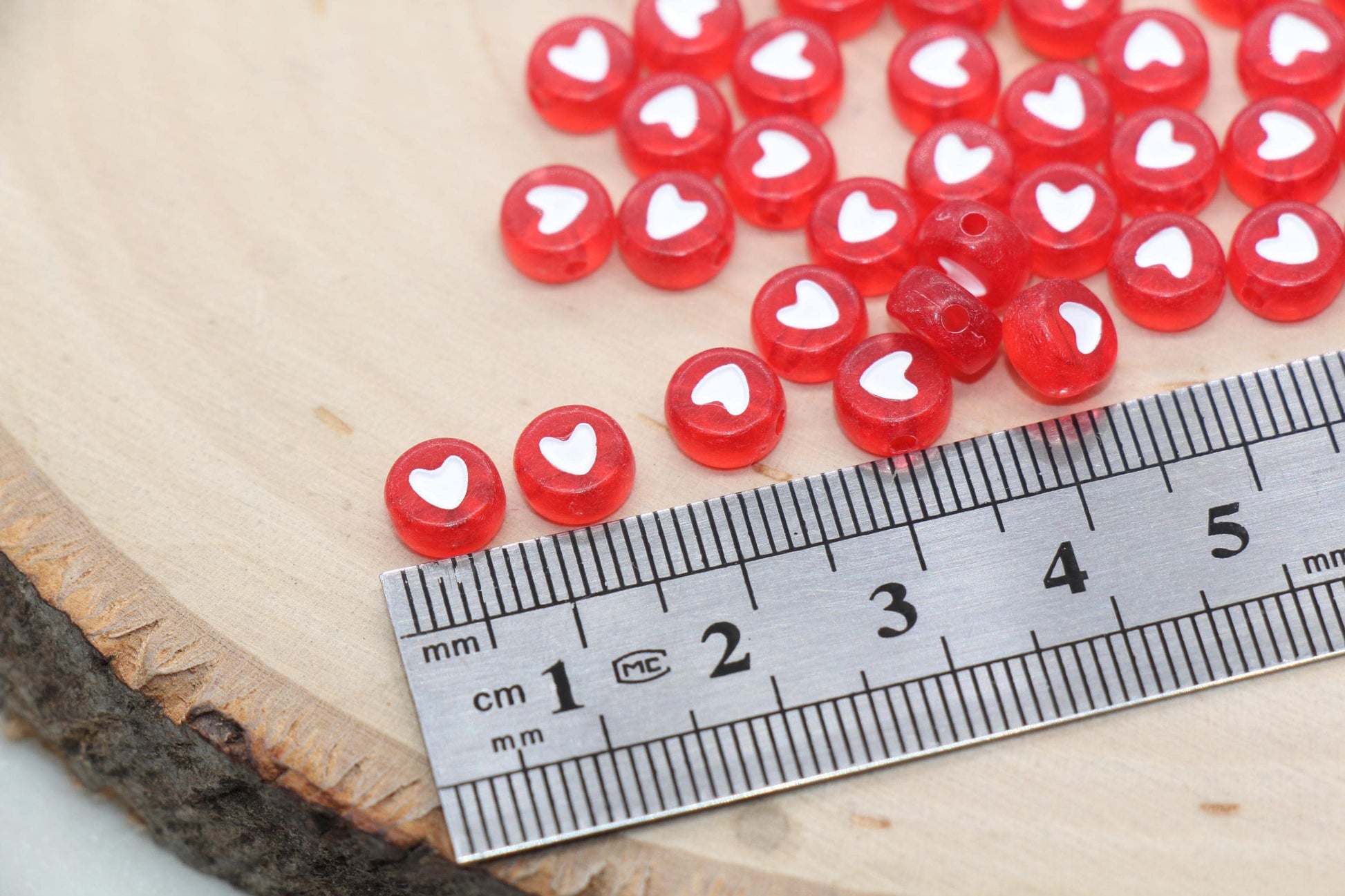 Translucent Red Heart Beads, Red Beads with White Hearts, Heart Symbol Beads, Round Beads, Acrylic Symbol Beads, Size 7mm #17