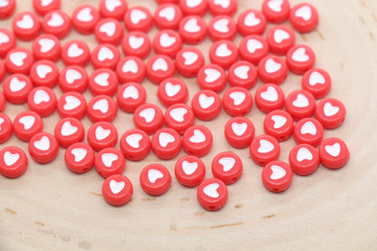 Bright Red Heart Beads, Red Beads with White Hearts, Heart Symbol Beads, Round Beads, Acrylic Symbol Beads, Size 7mm #3293