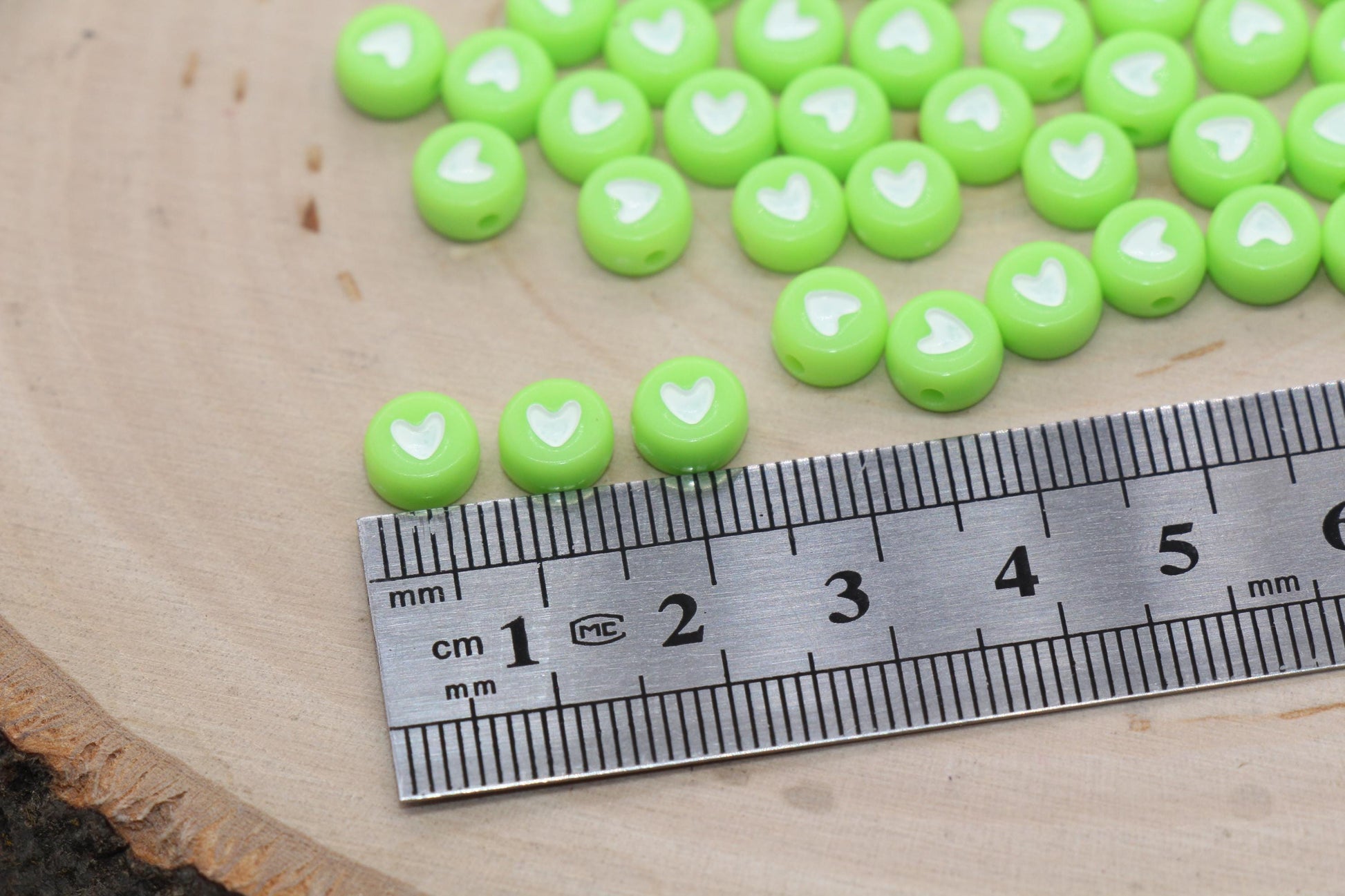 Green Heart Beads, Green Beads with White Hearts, Heart Symbol Beads, Round Beads, Acrylic Symbol Beads, Size 7mm #878