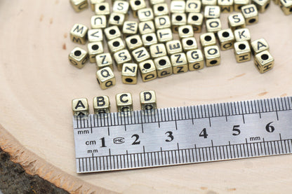 Mix Gold Alphabet Letter Beads, Gold Cube Beads with Black Lettering, Square Letter Beads, Acrylic Name Initial Beads, Size 4.8mm #3296