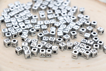 Mix Silver Alphabet Letter Beads, Silver Cube Beads with Black Lettering, Square Letter Beads, Acrylic Name Initial Beads, Size 4.8mm #3295