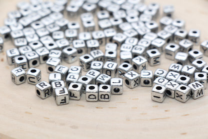 Mix Silver Alphabet Letter Beads, Silver Cube Beads with Black Lettering, Square Letter Beads, Acrylic Name Initial Beads, Size 4.8mm #3295