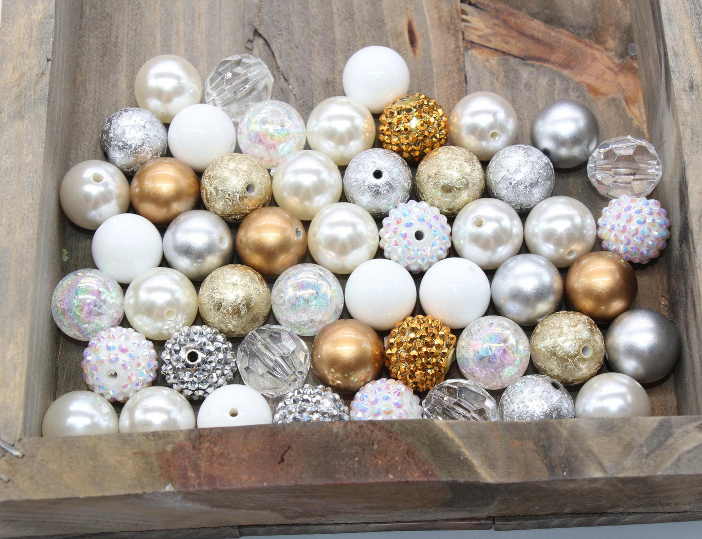 20mm Bubblegum Beads, White, Silver, and Gold Beads Mix, Chunky Beads, Jewelry Making Beads