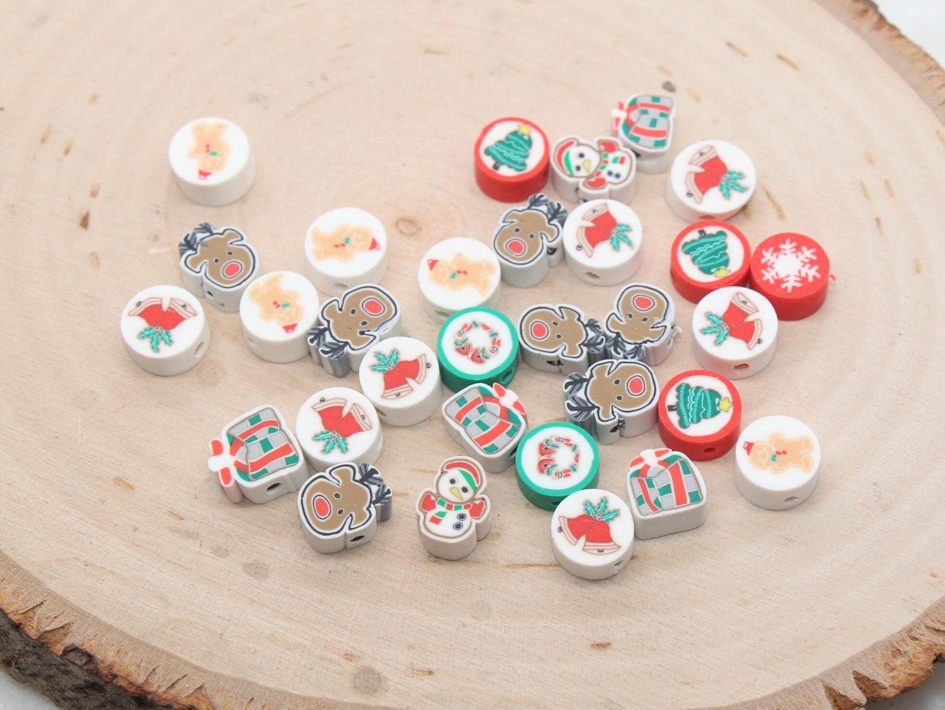 Assort Christmas Clay Beads, Holiday Themed Clay Beads, Snowman Reindeer Snowflake Mix Polymer Clay Beads, Clay Jewelry Beads #384