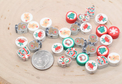 Assort Christmas Clay Beads, Holiday Themed Clay Beads, Snowman Reindeer Snowflake Mix Polymer Clay Beads, Clay Jewelry Beads #384