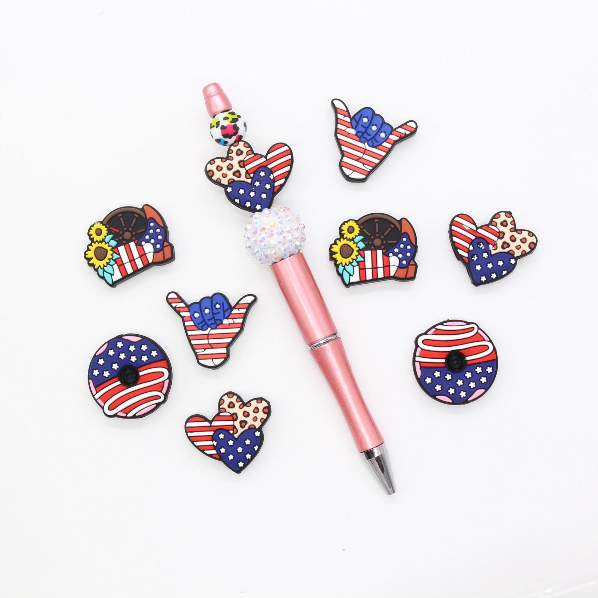 Patriotic Focal Beads, America Flag Beads, Donut, Cowboy Boot, Heart, Hand Silicone Beads, Independence Focal Beads, Beads for Pens