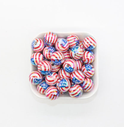 16mm Patriotic Beads, USA Flag Print Beads, America Beads, Independence Day Beads, Iridescent Bubblegum Beads, Beads for Pens, Plastic Beads