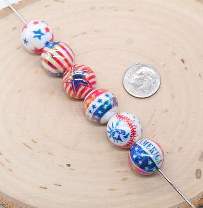 16mm Patriotic Beads, USA Flag Print Beads, America Beads, Independence Day Beads, Iridescent Bubblegum Beads, Beads for Pens, Plastic Beads