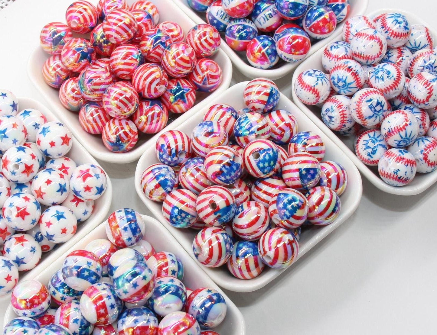 16mm Patriotic Beads, USA Flag Print Beads, America Beads, Independence Day Beads, Iridescent Bubblegum Beads, Beads for Pens, Plastic Beads