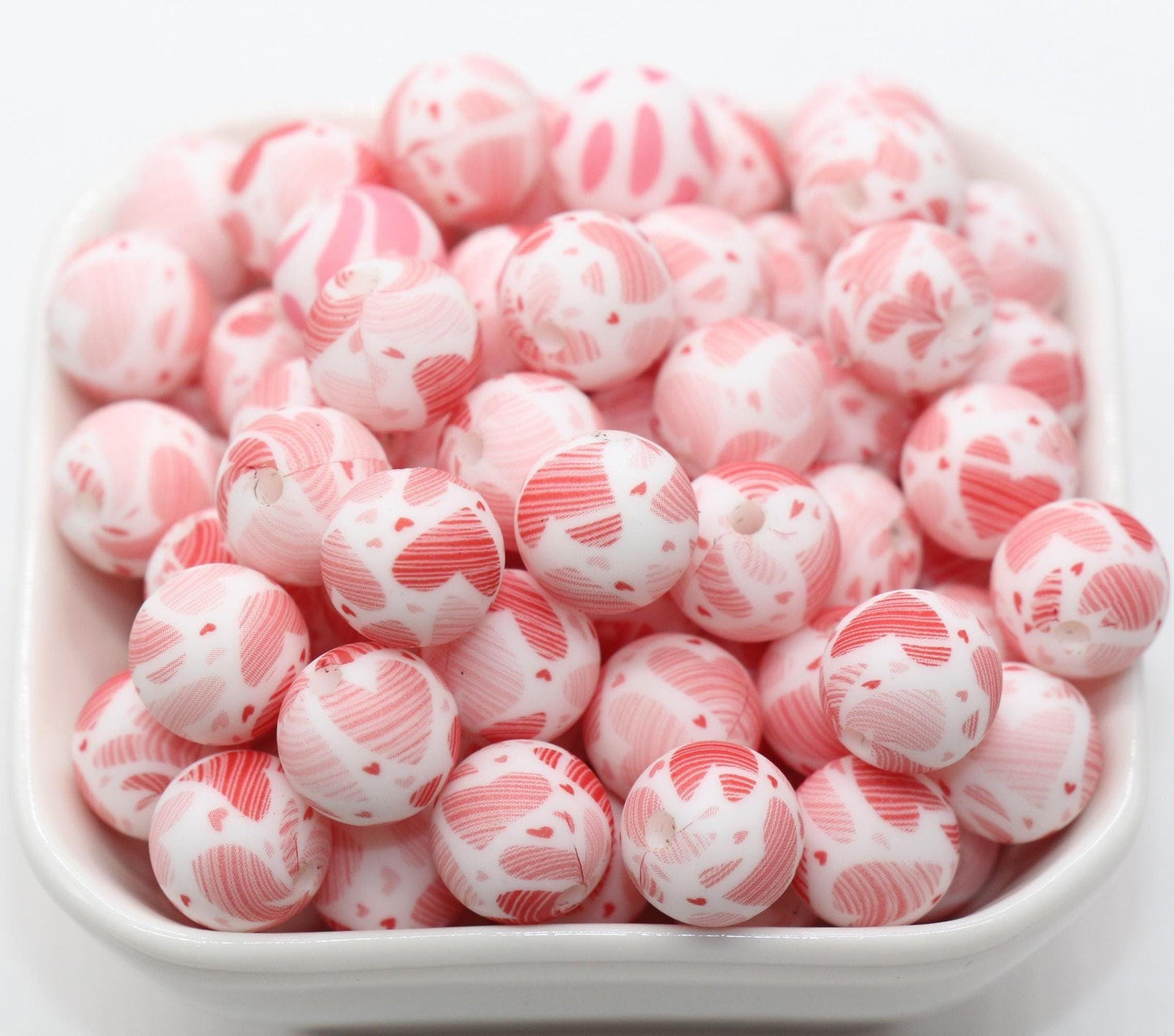 Heart Printed Silicone Beads, Pink Heart Beads, Silicone Bubblegum Beads, Beads for Pens, Beads for Bracelets #S23