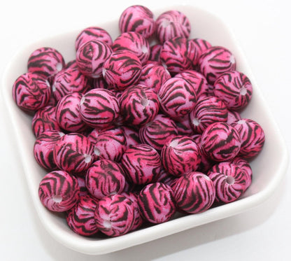 12mm Pink Zebra Printed Silicone Beads, Animal Round Silicone Beads, Bubblegum Beads, Beads for Pens, Beads for Bracelets #S77