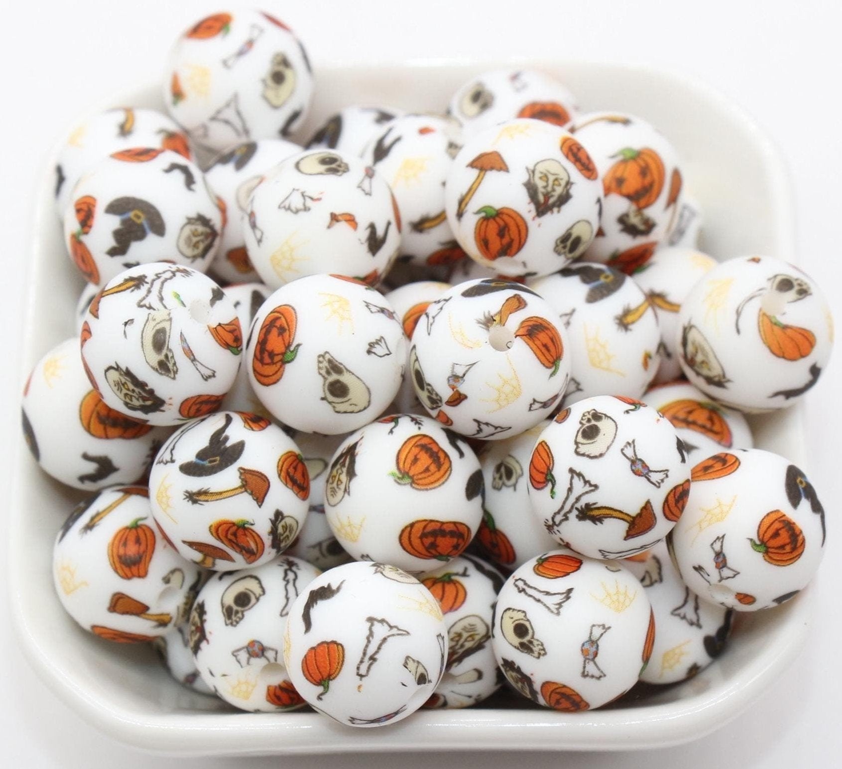 15mm Pumpkin Printed Beads, Halloween Pumpkin Silicone Beads, Skull Beads, Round Bubblegum Beads, Beads for Pens, Beads for Bracelets #S81