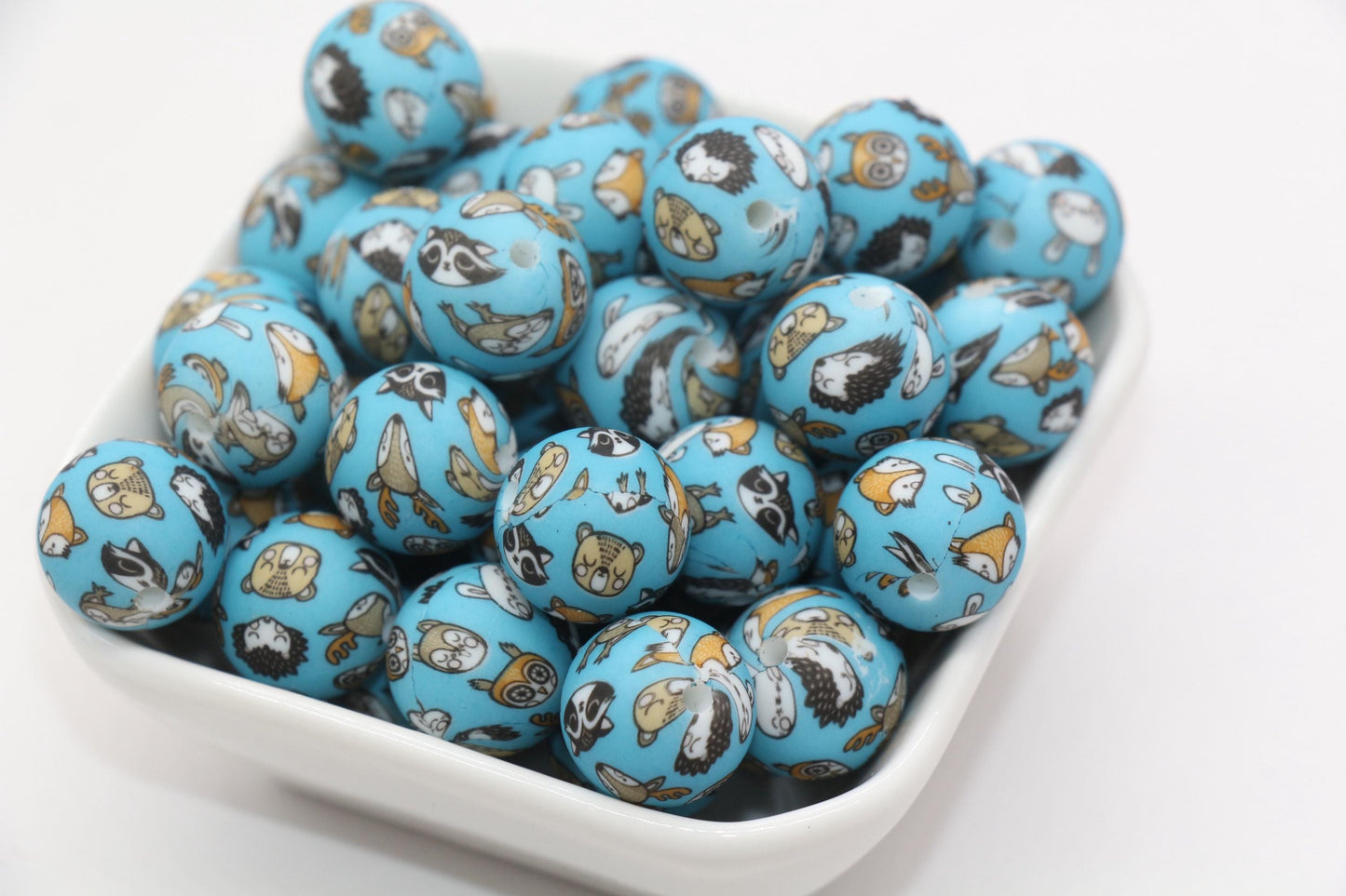 15mm Animal Printed Beads, Bunny, Owl, Fox Beads, Silicone Beads, Round Bubblegum Beads, Beads for Pens, Beads for Bracelets #S83