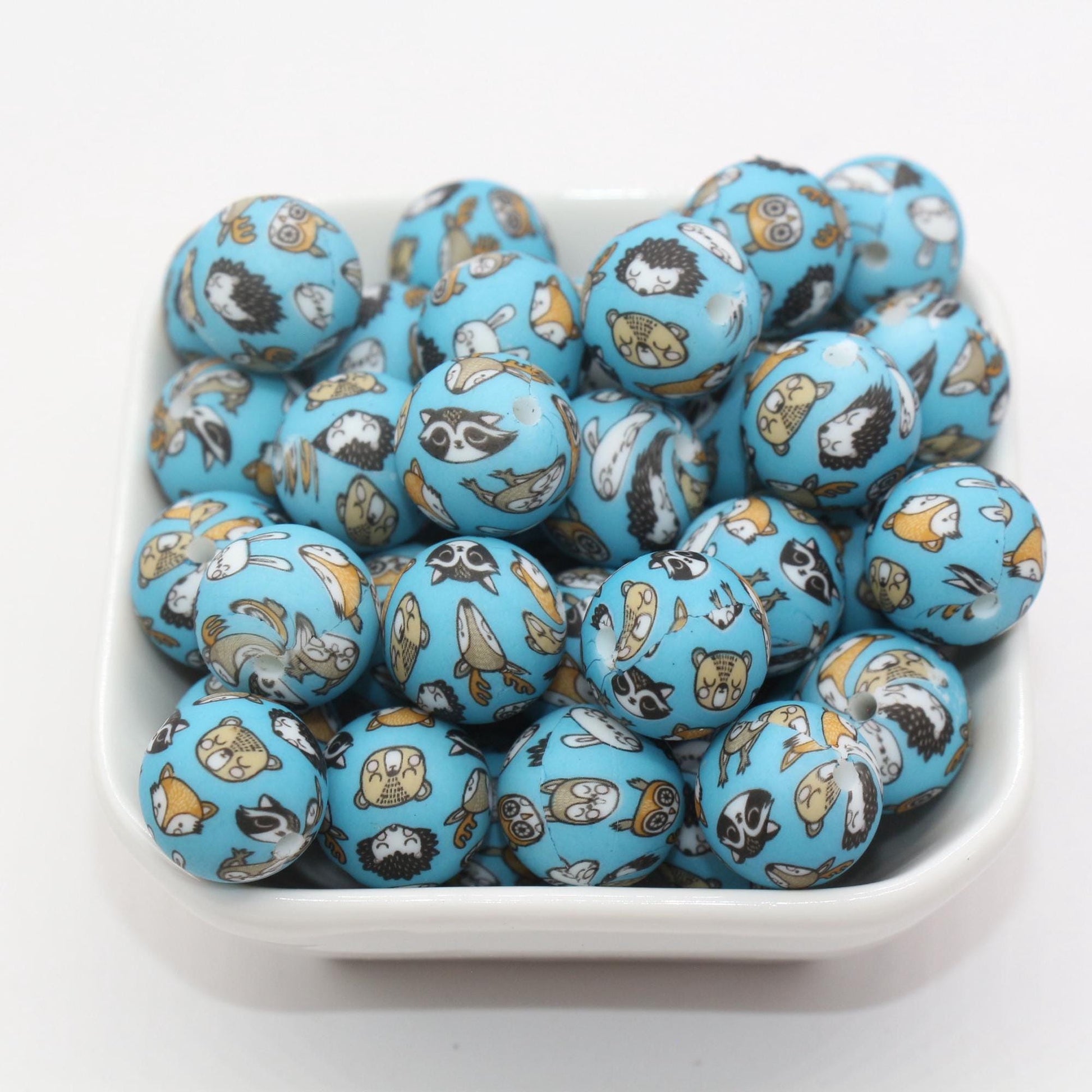 15mm Animal Printed Beads, Bunny, Owl, Fox Beads, Silicone Beads, Round Bubblegum Beads, Beads for Pens, Beads for Bracelets #S83