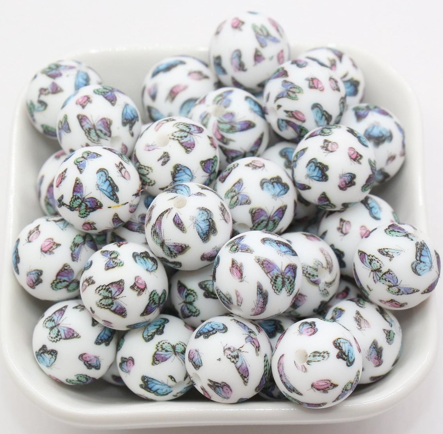 15mm Butterfly Printed Beads, Multi Butterfly Silicone Beads, Round Bubblegum Beads, Beads for Pens, Beads for Bracelets #S87