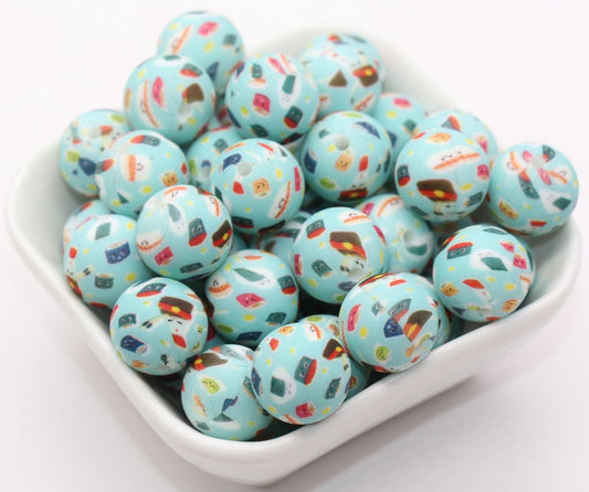 15mm Sushi Printed Beads, Food Printed Silicone Beads, Round Bubblegum Beads, Beads for Pens #S99