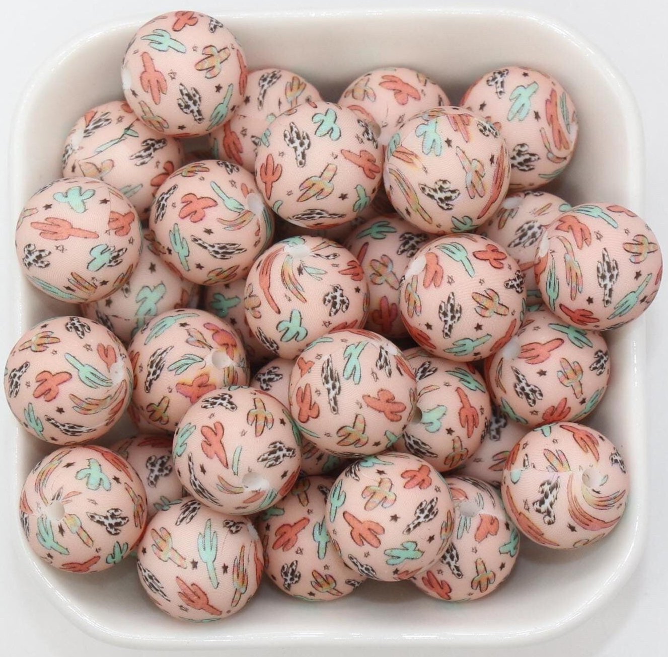 15mm Cactus Printed Beads, Silicone Beads, Round Bubblegum Beads, Beads for Pens #S100