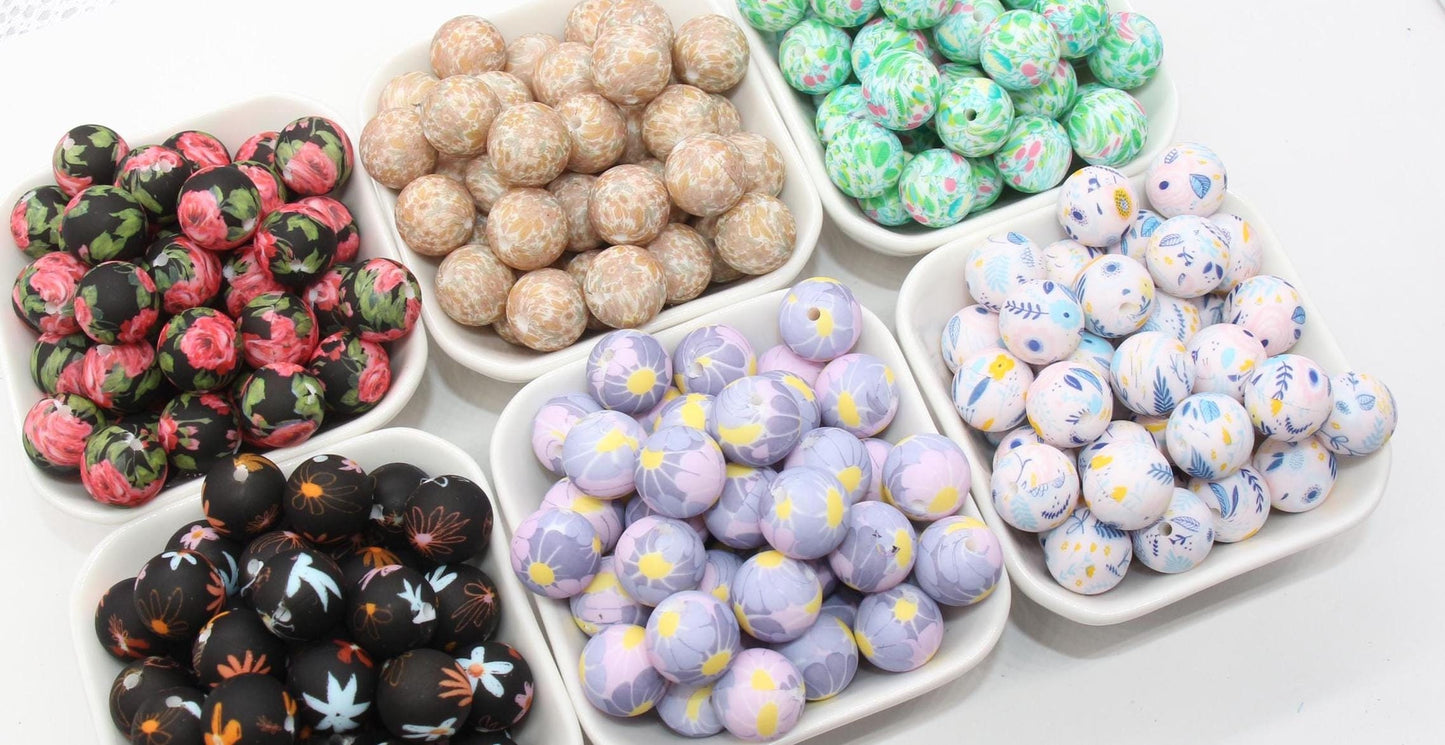 15mm Flower Printed Beads, Floral Silicone Beads, Round Bubblegum Beads, Beads for Pens