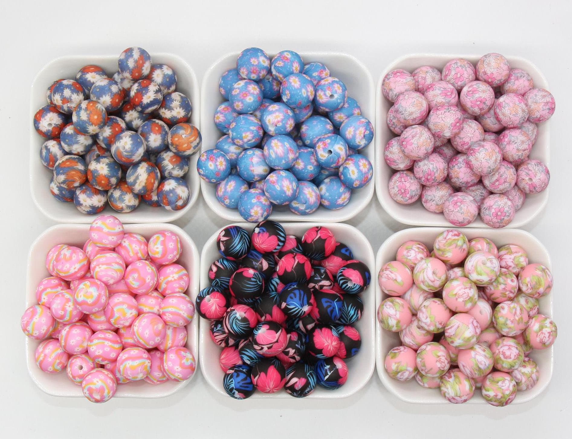 15mm Flower Printed Beads, Daisy Printed Silicone Beads, Floral Printed Round Bubblegum Beads, Beads for Pens