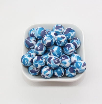 15mm Camo Printed Beads, Camouflage Printed Silicone Beads, Round Bubblegum Beads, Beads for Pens