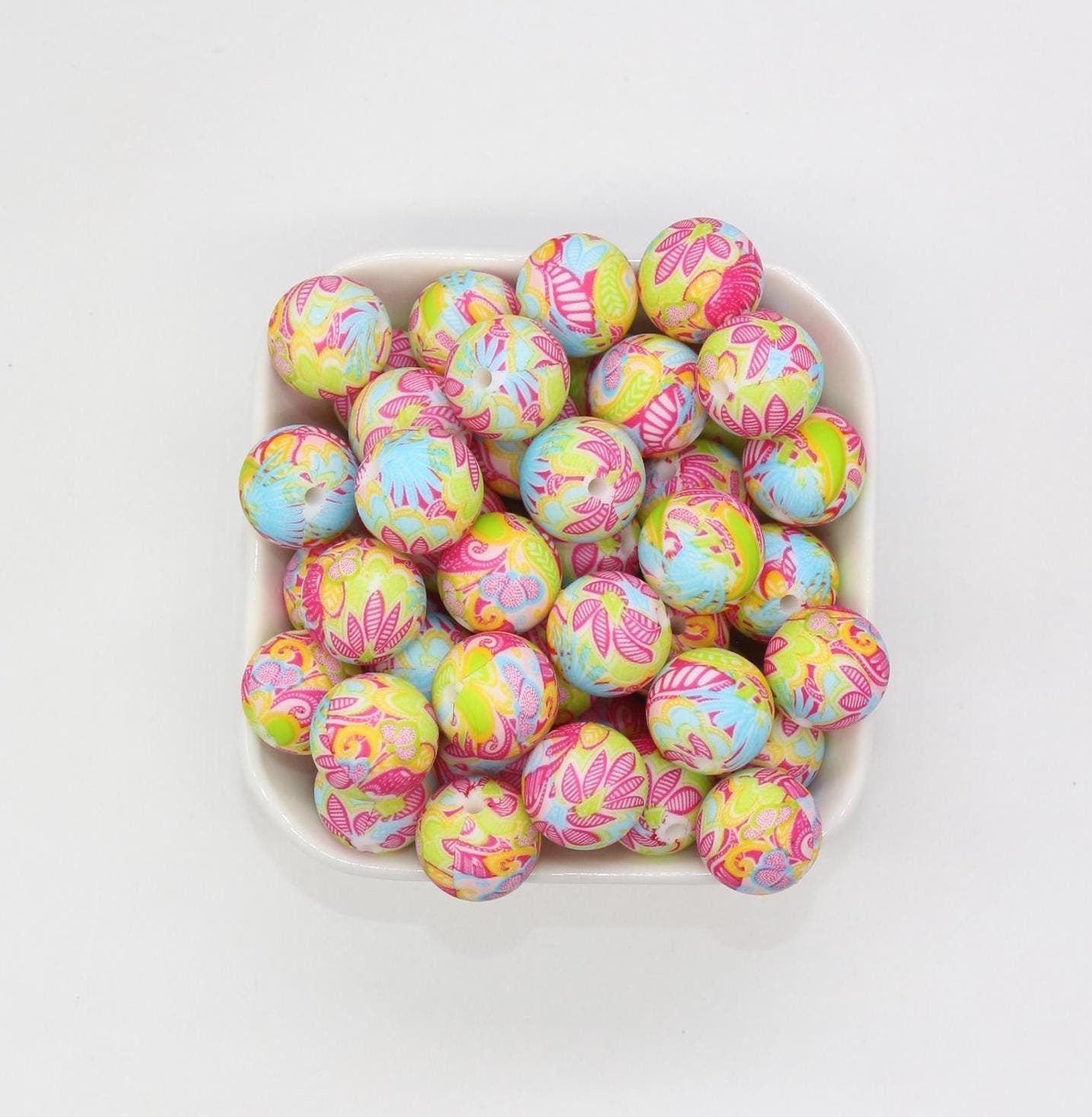 15mm Flower Printed Beads, Silicone Beads, Round Bubblegum Beads, Beads for Pens #S121