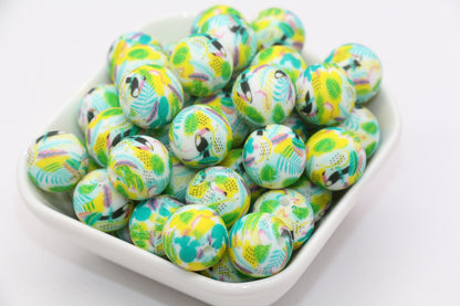 15mm Parrot Printed Beads, Bird and Plants Silicone Beads, Round Bubblegum Beads, Beads for Pens #S123