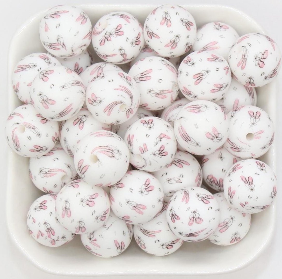 15mm Ballet Printed Beads, Ballet Shoes Silicone Beads, Round Bubblegum Beads, Beads for Pens #S127