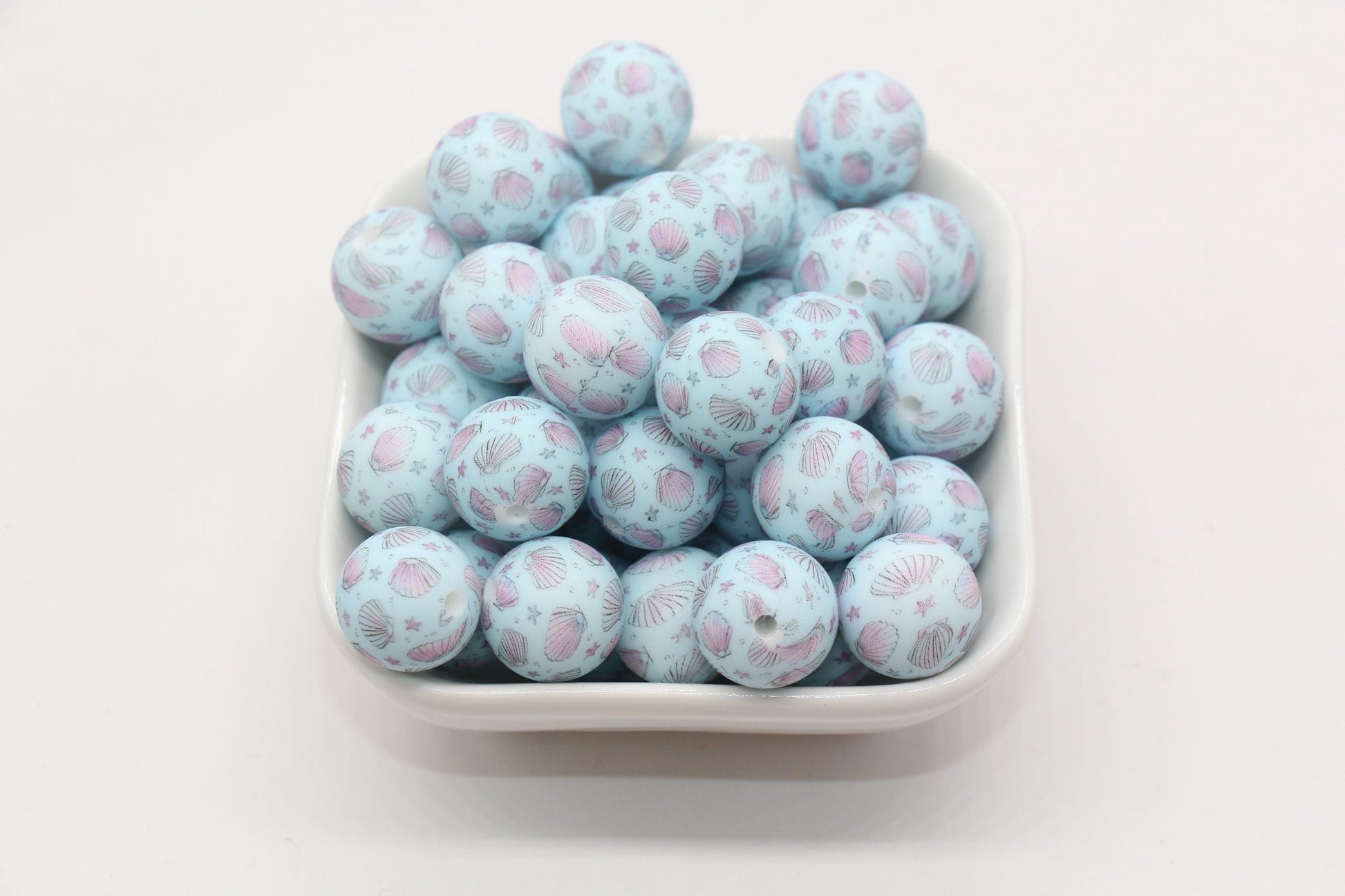 15mm Seashell Printed Beads, Blue Sea Shell Silicone Beads, Round Bubblegum Beads, Beads for Pens #S128